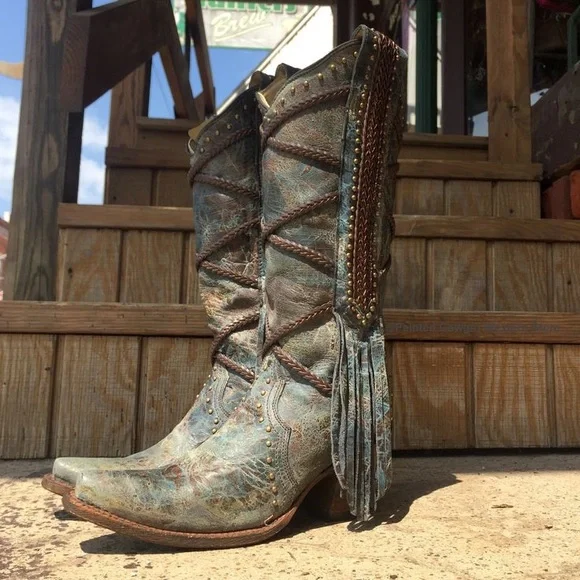Corral Distressed Gray-Brown Leather Fringe Western Heeled Boots - Picture 13 of 13